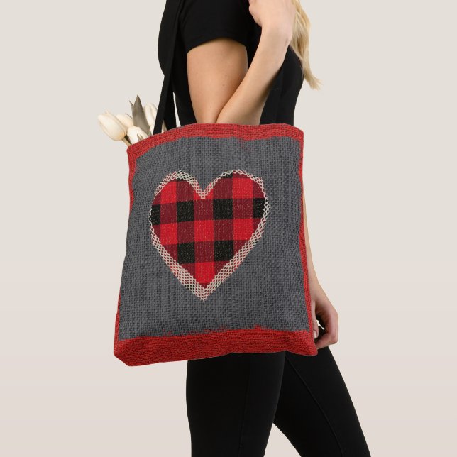 Tote Bag Dentelle rouge rustique de Faux de toile de jute (De près)