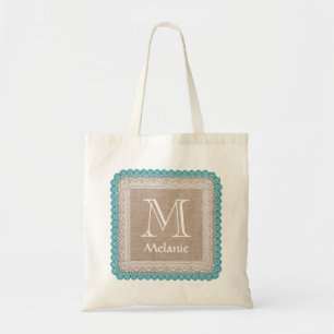 Tote Bag Dentelle turquoise A05 de monogramme de toile de
