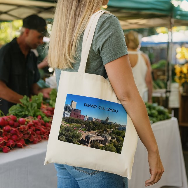 Tote Bag Denver Colorado Landscape Photo Personalize (A tote bag with a photo of downtown Denver, Colorado with text you can personalize.)