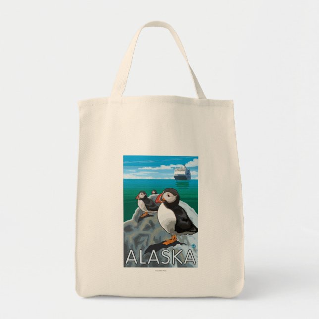 Tote Bag Des macareux regardent un bateau de croisière (Devant)