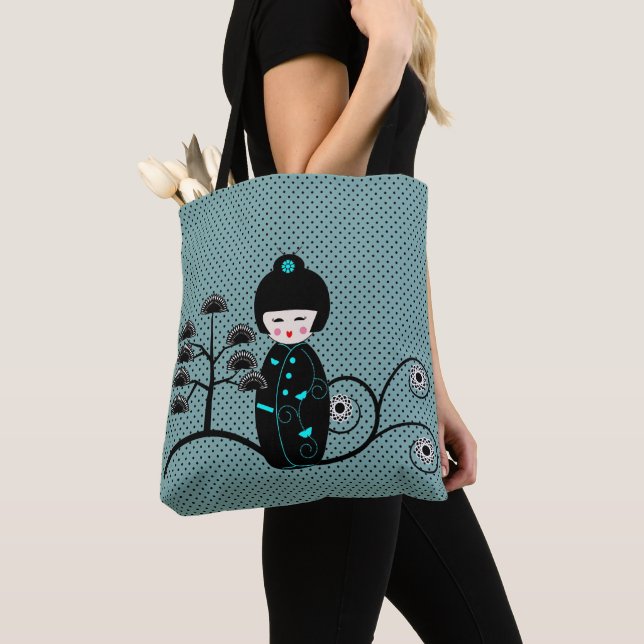 Tote Bag Design de poupée japonaise sur le point bleu noir  (De près)