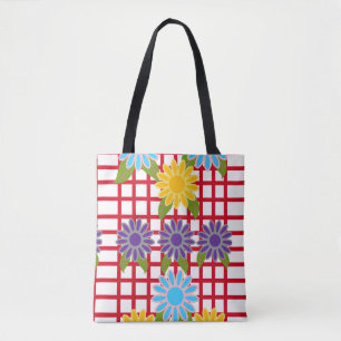 Tote Bag Design floral multicolore sur grille rouge