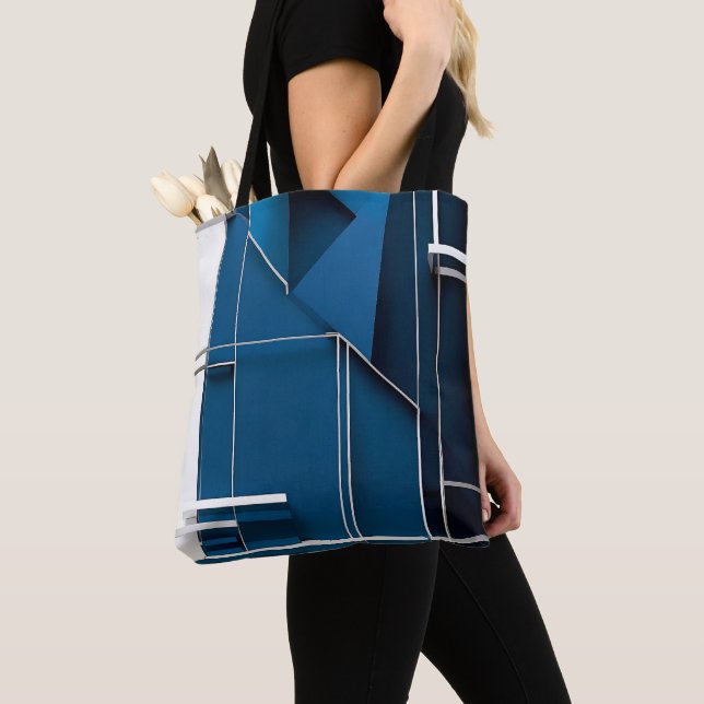 Tote Bag Design moderne géométrique moderne blanc bleu (De près)