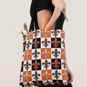 Tote Bag Design Orange Noir Blanc À damiers Fleur de lis