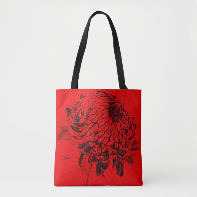 Tote Bag Dessin au trait Fourre-tout noir gris rouge fleur (Devant)