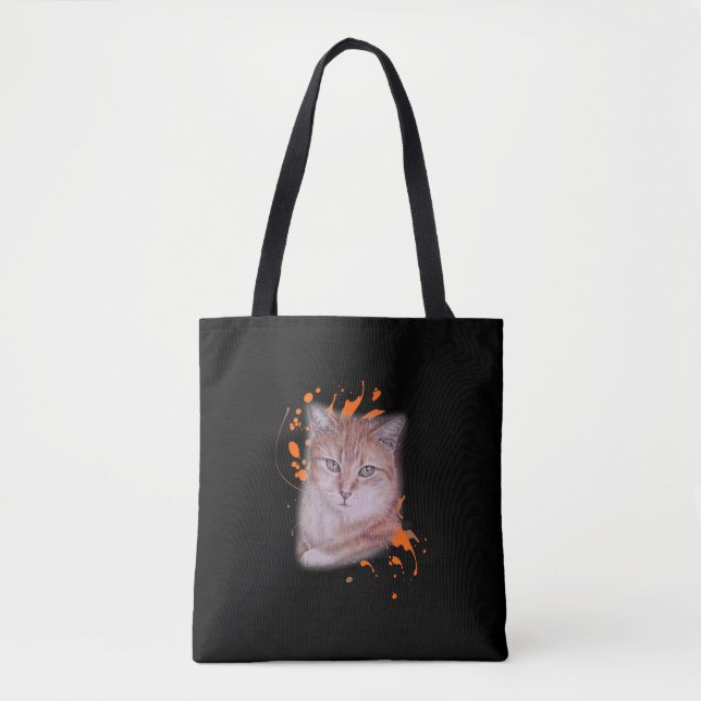 Tote Bag Dessin de chat tigré et de peinture oranges (Devant)