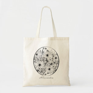 Tote Bag Dessin de fleurs, fleurs noires et blanches