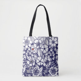 Tote Bag Dessin de jardin blanc bleu Shalom