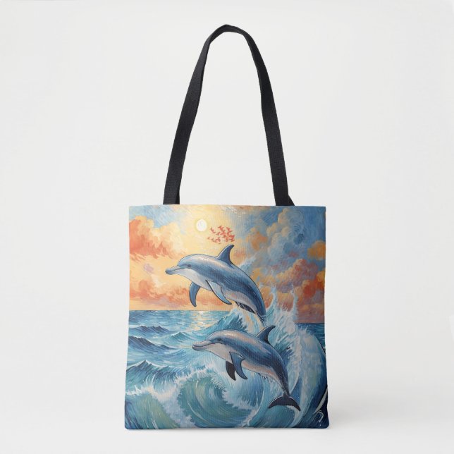 Tote Bag Deux dauphins de saut artistique Coucher de soleil (Devant)