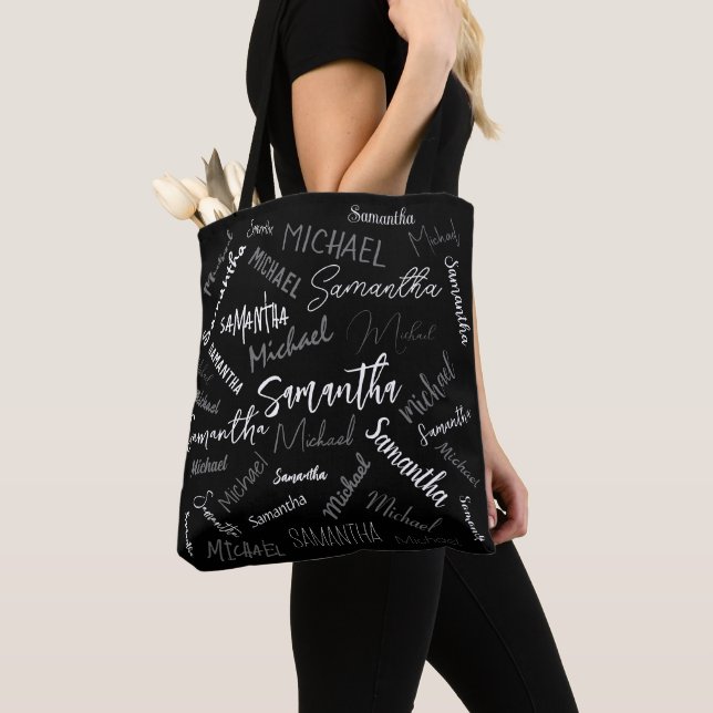 Tote Bag Deux noms couple motif monogramme noir gris blanc (De près)