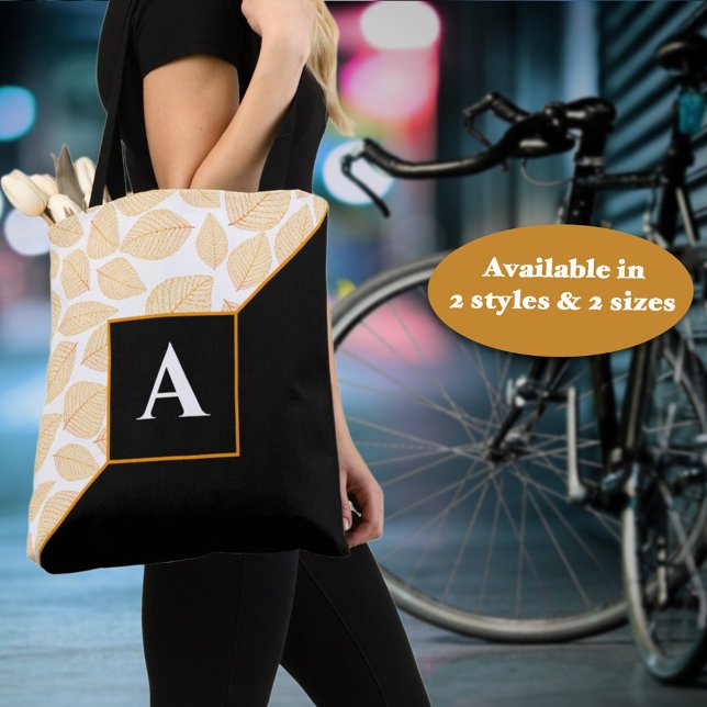 Tote Bag Diagonale de Motif de feuille jaune or monogramme  (This easy to personalize diagonal designed tote is ready for personalization as a gift for for you. )