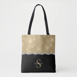 Tote Bag Diamants Monogramme Or Luxe Noir Sophistiqué