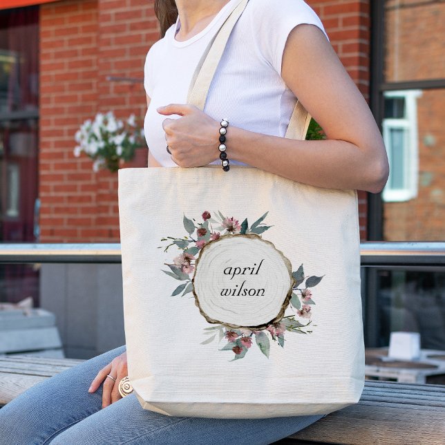TOTE BAG DIAPOSITIVE EN BOIS RUSTIQUE ROSE FLORALE EUCALYPT (Créateur téléchargé)