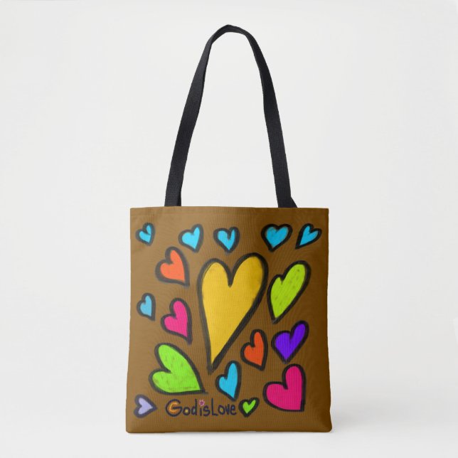Tote Bag Dieu est Amour avec Coeurs Brown (Devant)