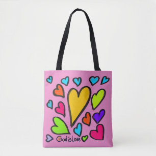 Tote Bag Dieu est Amour avec des cœurs roses