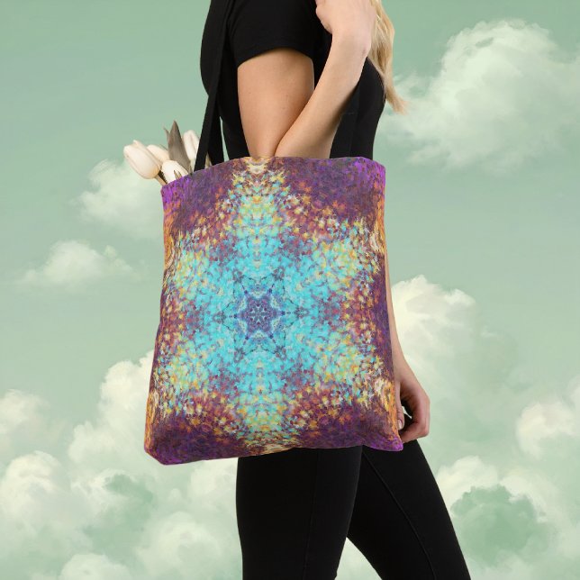 Tote Bag Digital Mandala bleu jaune et violet (Blue Yellow and Purple Digital Paint Mandala Tote Bag By Wormhole Orbital)