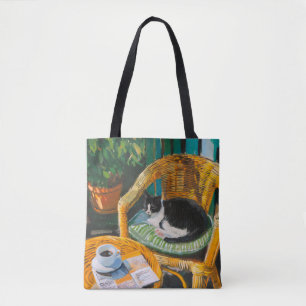 Tote Bag Dimanche matin paresseux Peinture de chat et de