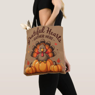 Tote Bag Dinde de Thanksgiving à cœurs reconnaissants