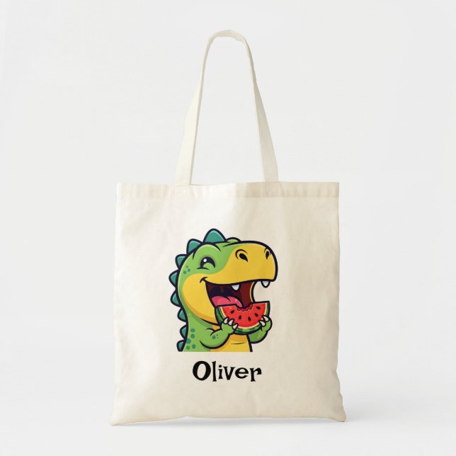Tote Bag Dinosaure heureux mangeant de la pastèque (Devant)