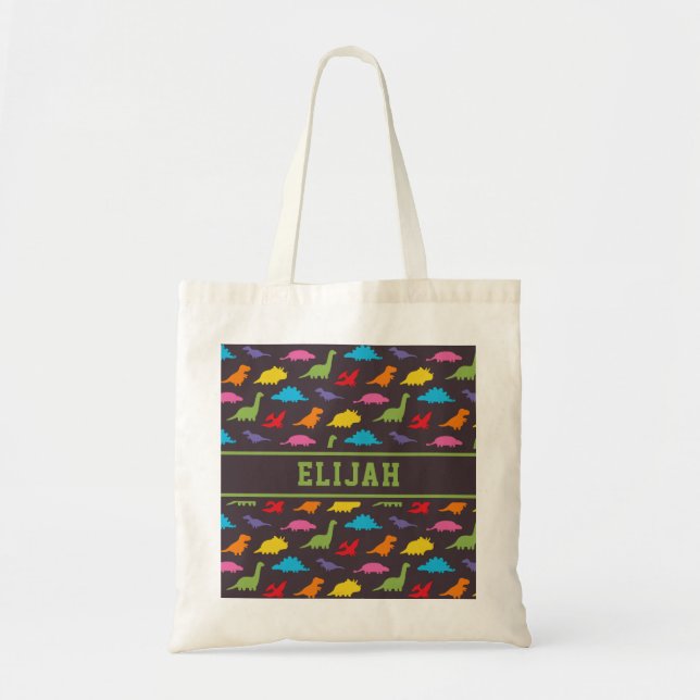 Tote Bag Dinosaures colorés Motif, Nom des enfants (Devant)
