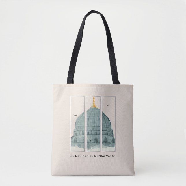 Tote Bag Dôme vert de Masjid an-Nabi Aquarelle Triptyque (Devant)