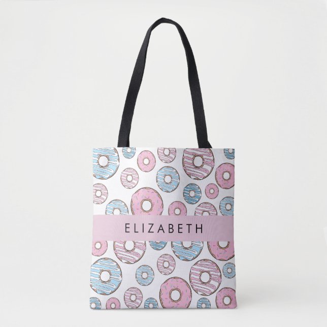 Tote Bag Donuts Roses, Donuts Bleus, Sprinkings, Votre Nom (Devant)