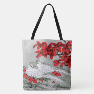 Tote Bag Doses blanches vintages et Feuilles rouges en gris