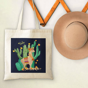 Tote Bag Doux lama dans un jardin de cactus avec des fleurs
