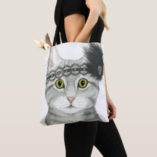 Tote Bag Downton Cat Bejewted With Lace