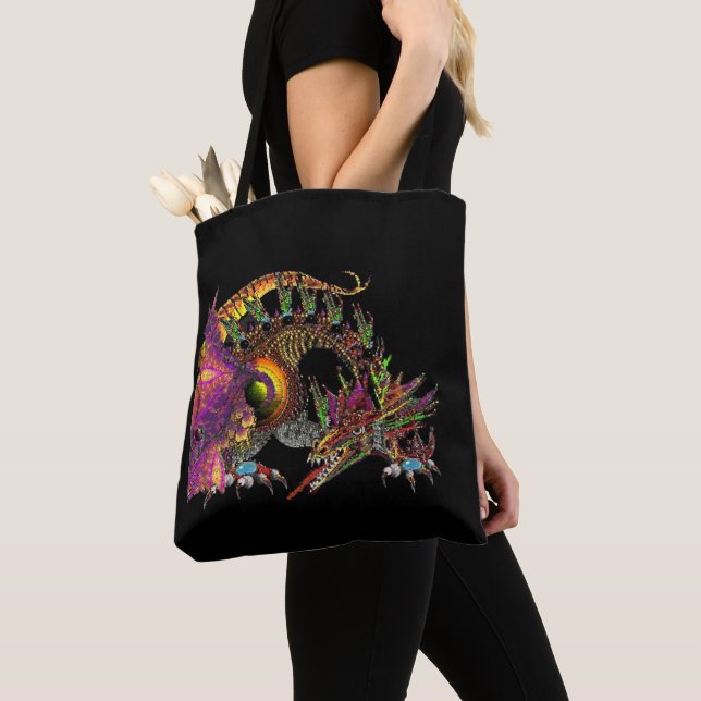TOTE BAG DRAGO / DRAGON D'OR IMAGINAIRE EN PURPLE ET NOIR (De près)