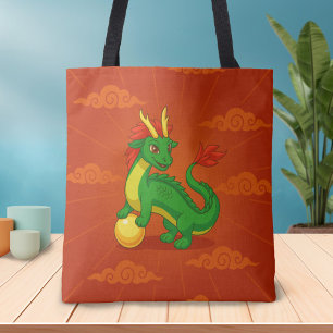 Tote Bag Dragon Chinois Vert sur Fond Rouge