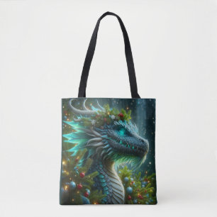 Tote Bag Dragon de Noël Turquoise Magique