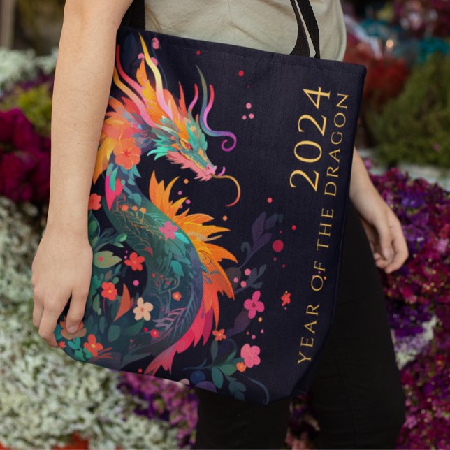 Tote Bag Dragon moderne chinois Nouvel An Monogramme Floral (Créateur téléchargé)