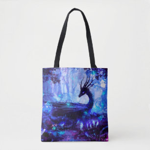 Tote Bag Dragon noir, scène de forêt nocturne.