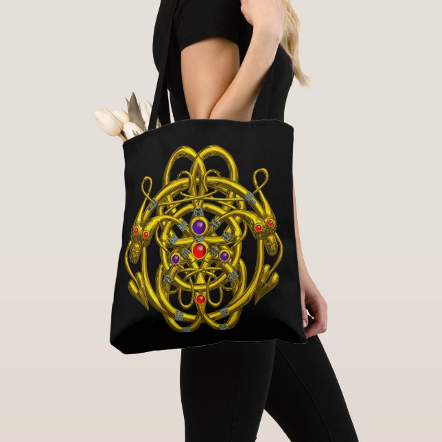 Tote Bag DRAGONS DOUCES Gold Celtic Knots, Gemstones en Noi (De près)