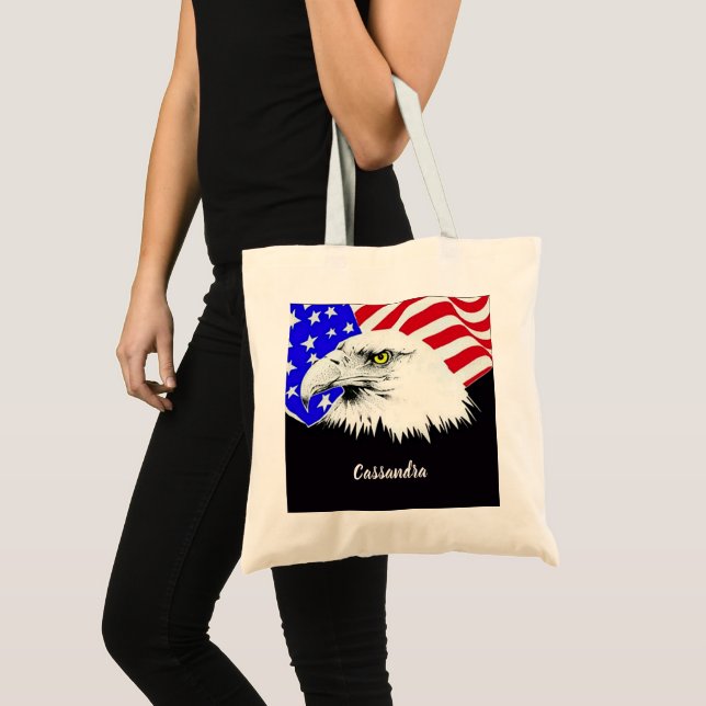 Tote Bag Drapeau américain Bald Eagle Nom ou devis personna (Devant (produit))