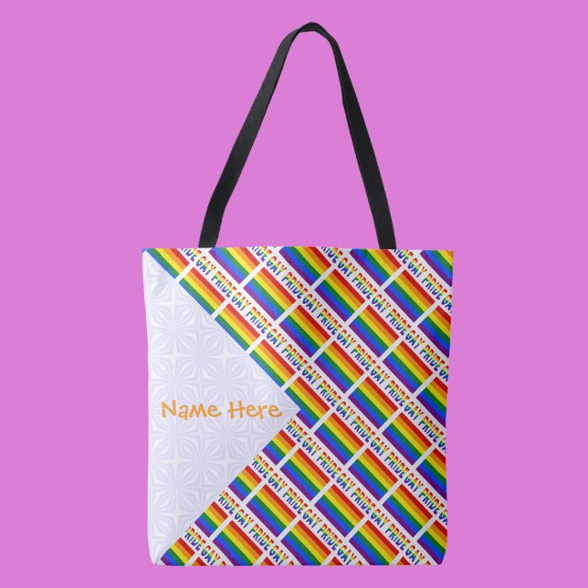 Tote Bag Drapeau arc-en-ciel gay pride carrelé orange perso (Tote bag has tiled Gay Pride Rainbow flag with words GAY PRIDE below. White space to add a name.)