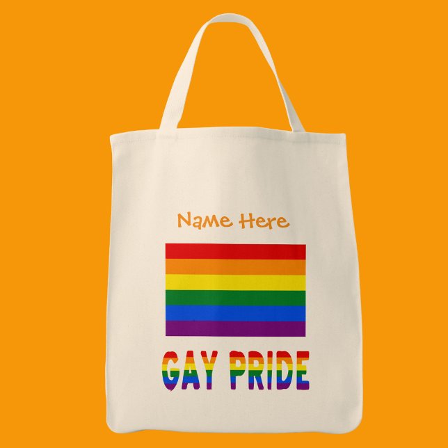 Tote Bag Drapeau arc-en-ciel gay pride orange personnalisé (Tote bag has the Gay Pride Rainbow Flag with words GAY PRIDE below in flag colors. Add a name above.)