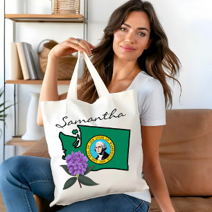 Tote Bag Drapeau Washington et Fleur Rhododendron Pacifique