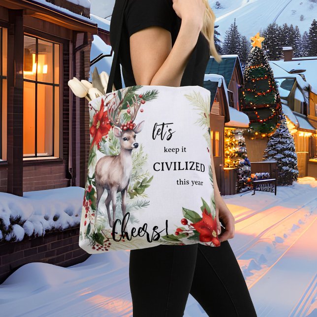 Tote Bag Drôle Cerf de Noël (Cute funny Christmas tote bag featuring a watercolor design with a deer, festive Poinsettia and pine)