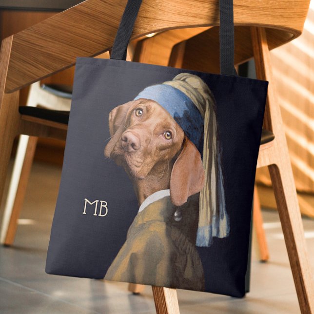 Tote Bag Drôle chien fille avec une perle oreille Vermeer P (Créateur téléchargé)