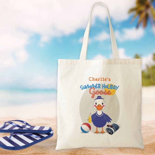 Tote Bag Drôle été vacances Silly Goose Retro Design (A fun tote bag with a Summer Holiday Goose design, personalized with a name)