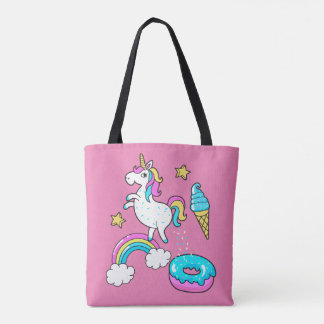 Tote Bag Drôle licorne cabossant l'arc-en-ciel arrose sur b