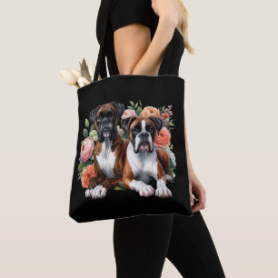 Tote Bag Duo de chiens Boxer parmi les fleurs