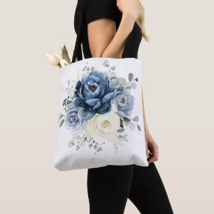 Tote Bag Dusty Blue Navy Champagne Ivory Floral Mariage