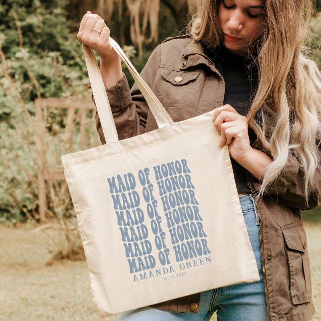 Tote Bag Dusty Blue Retro Boho Personnalisé Maid Honor (Créateur téléchargé)