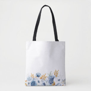 Tote Bag Dusty Blue White Gold Floral Mariage