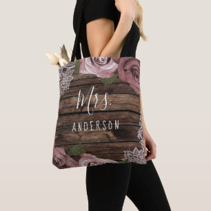 Tote Bag Dusty Rose Mauve Rose dentelle fleurie Bois rustiq