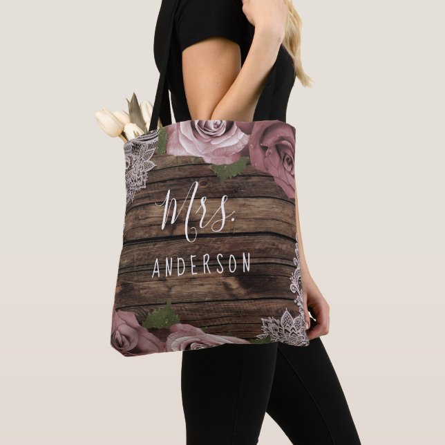 Tote Bag Dusty Rose Mauve Rose dentelle fleurie Bois rustiq (De près)
