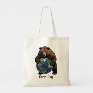 Tote Bag Earth Day Bear Hugging Planet Design 